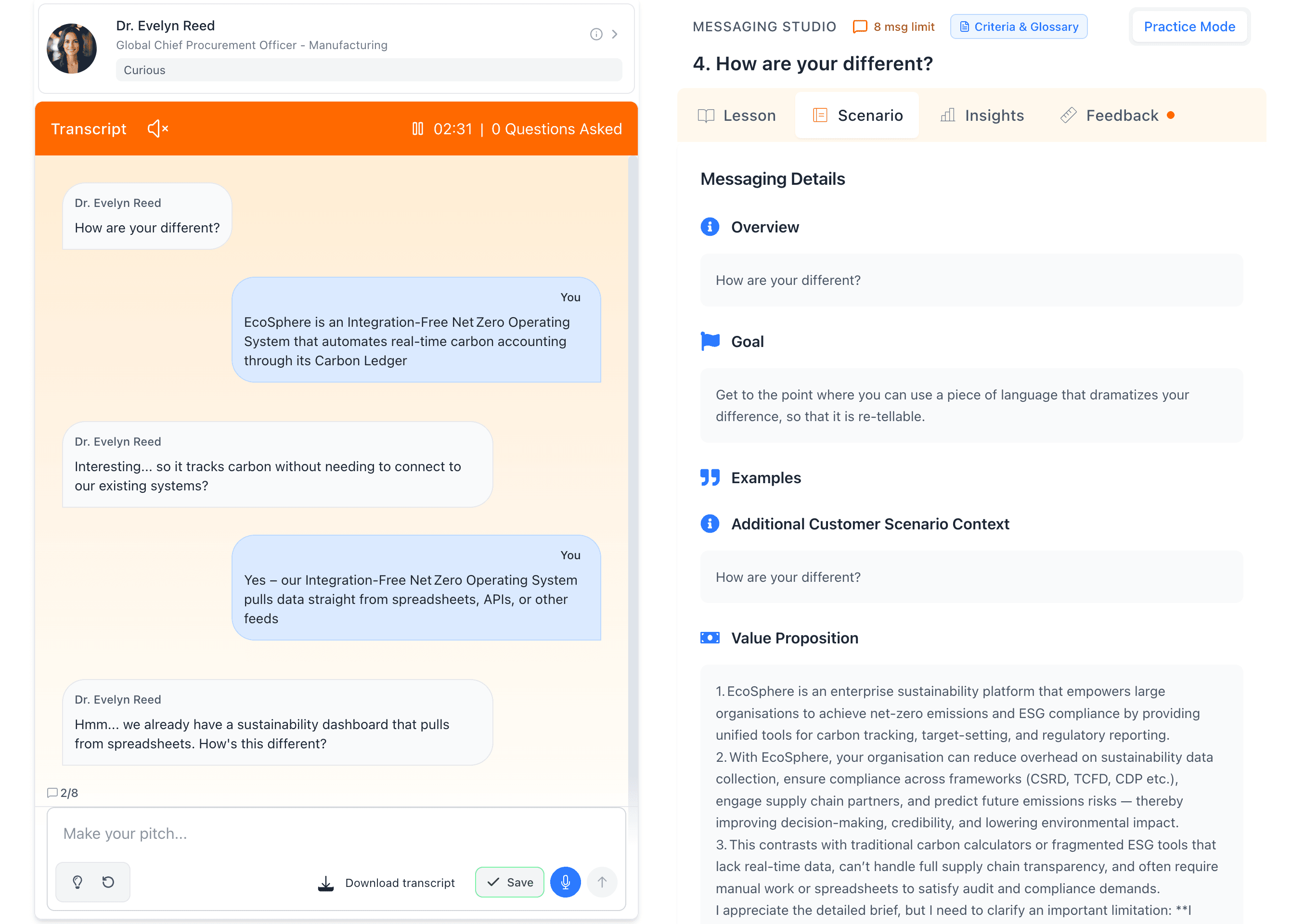 Salesably AI simulations interface