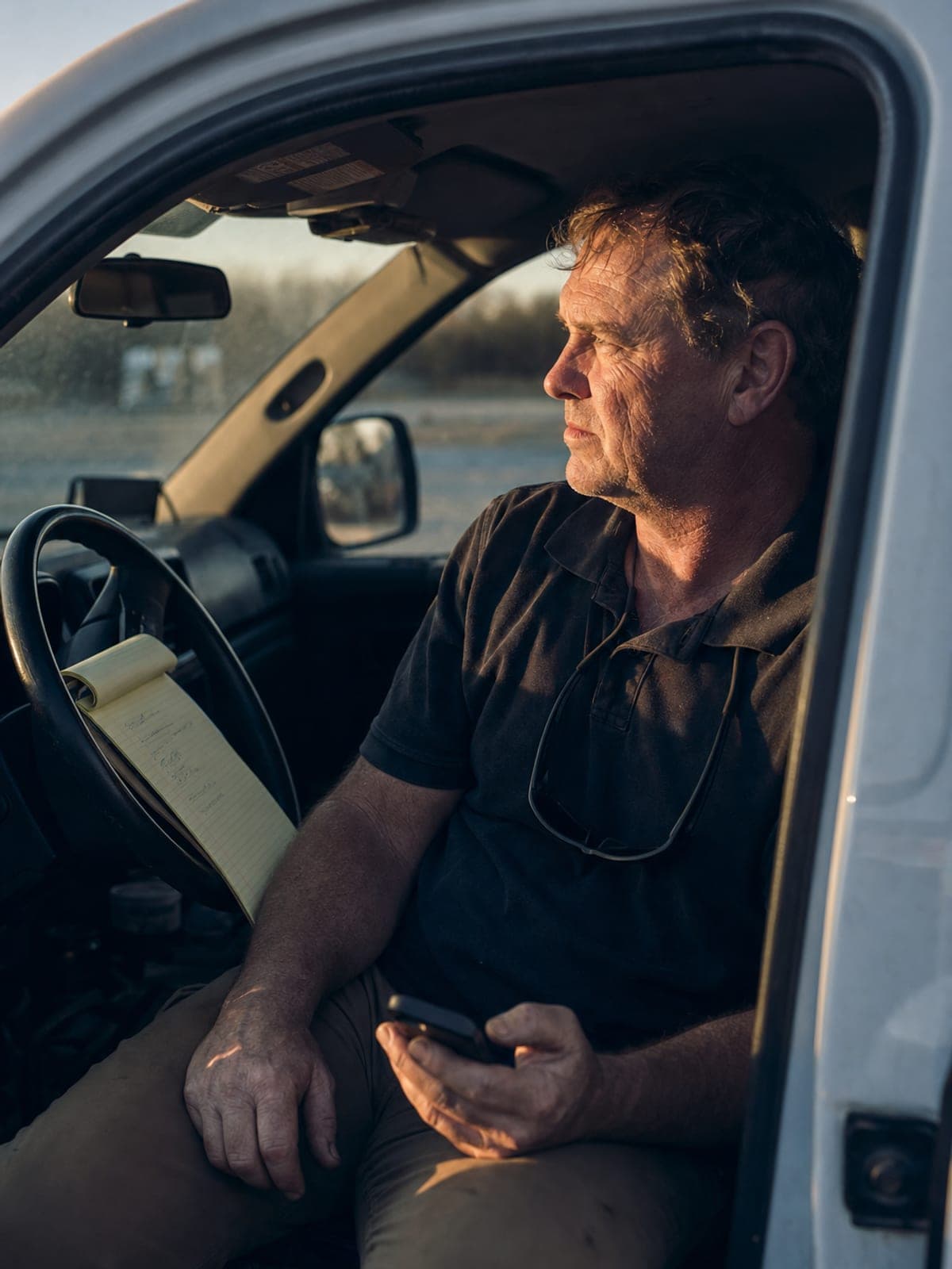 Field rep, truck cab after a call