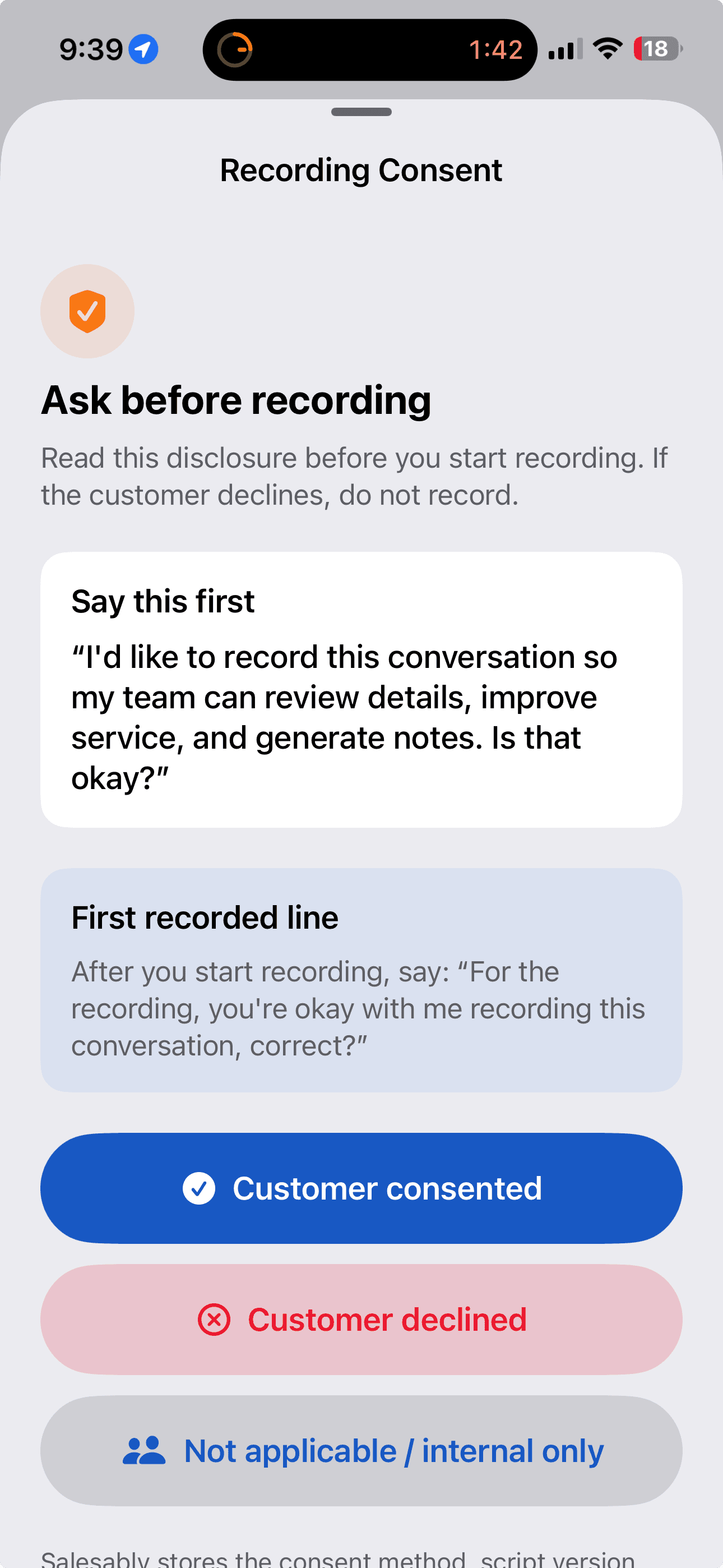 Recording consent screen in the Salesably Recorder app