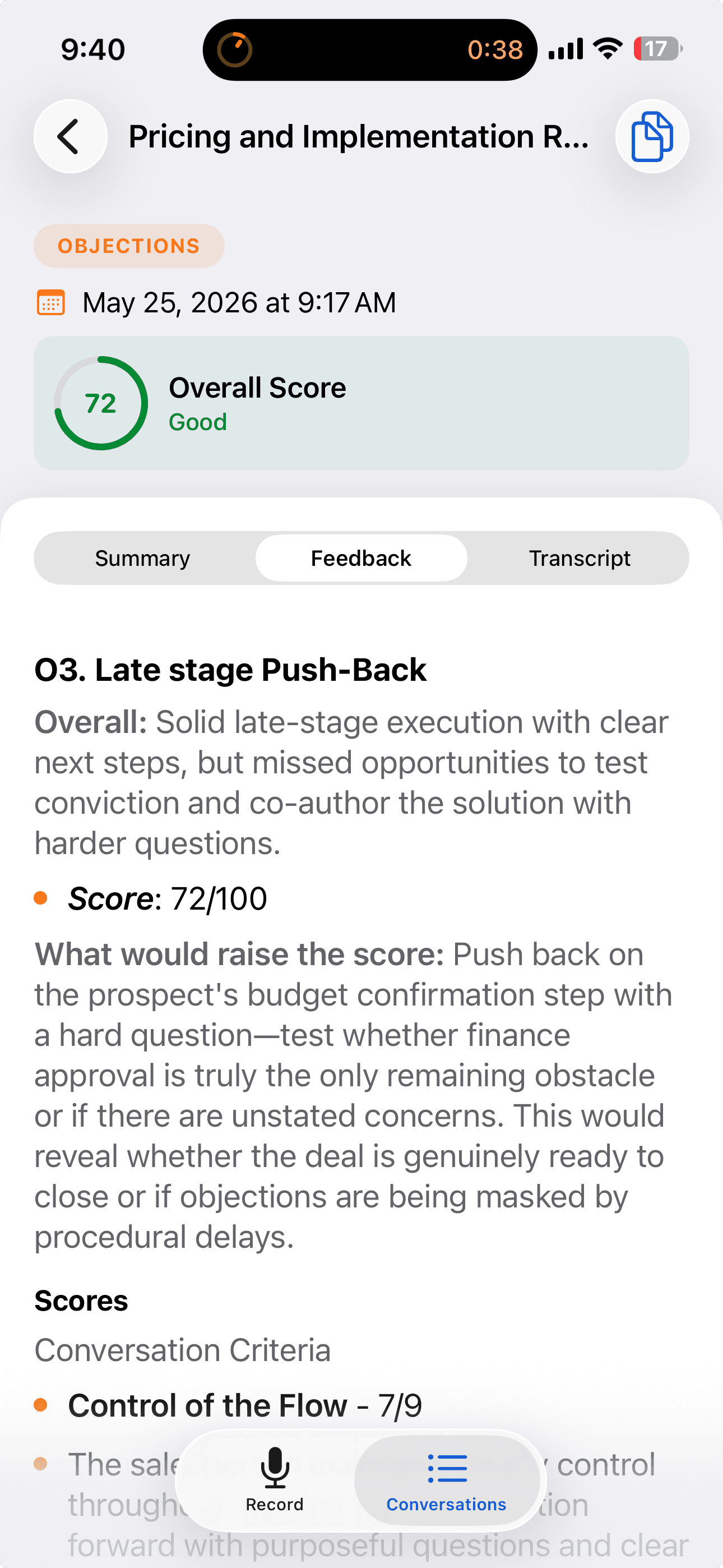 Coaching feedback screen in the Salesably Recorder app