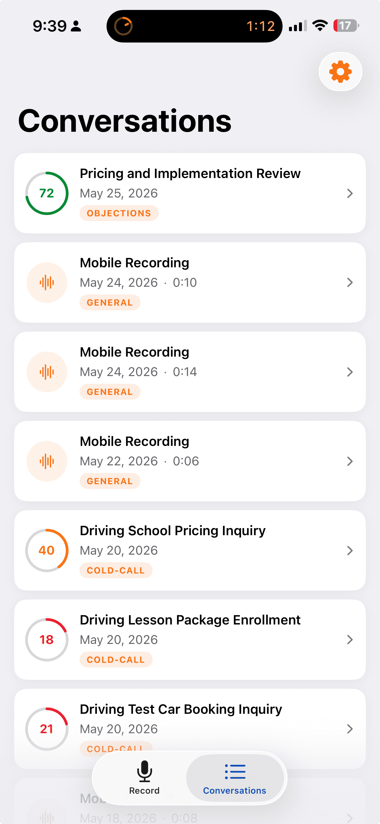Conversations inbox in the Salesably Recorder app