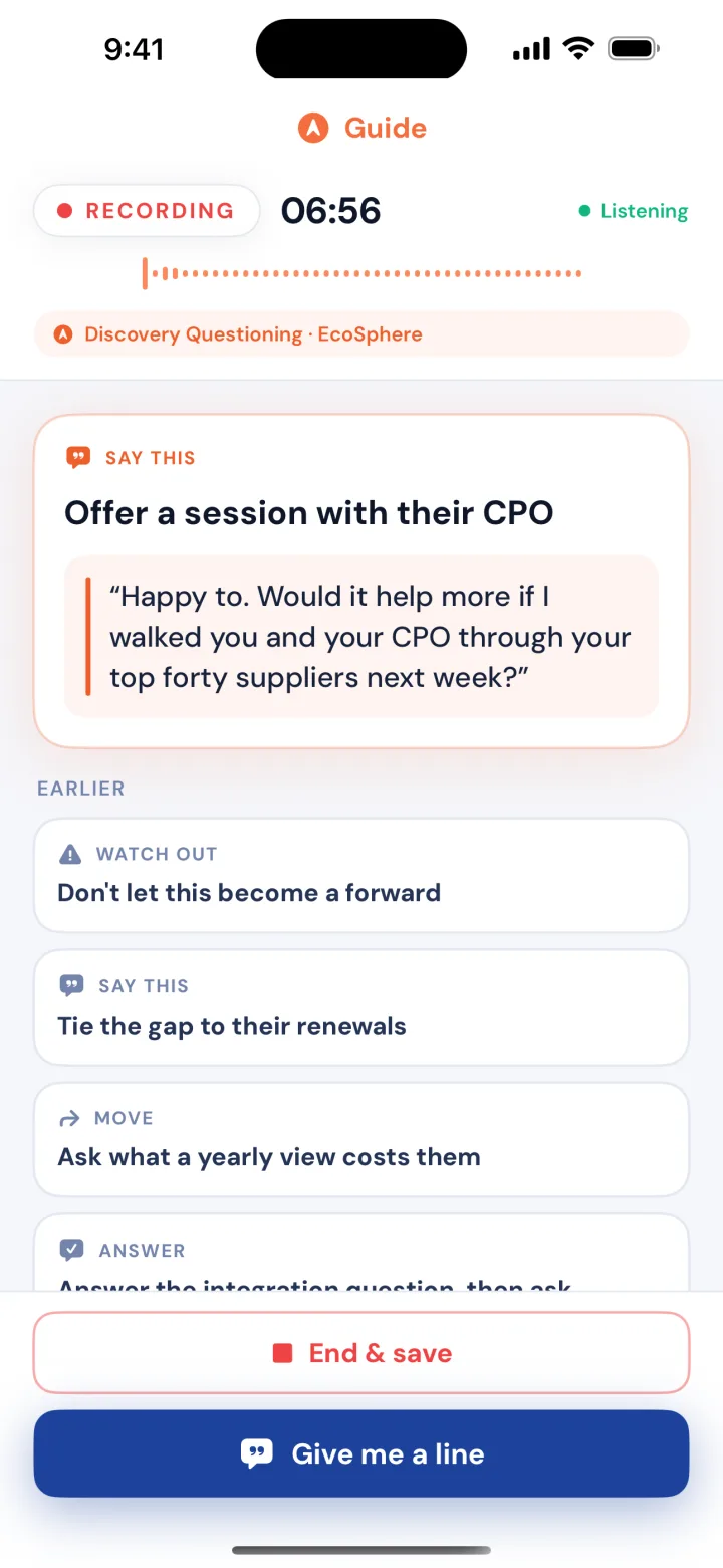 Guide on iPhone during a live call: a Say this cue with the exact line to offer a session with the buyer's CPO, above earlier cues