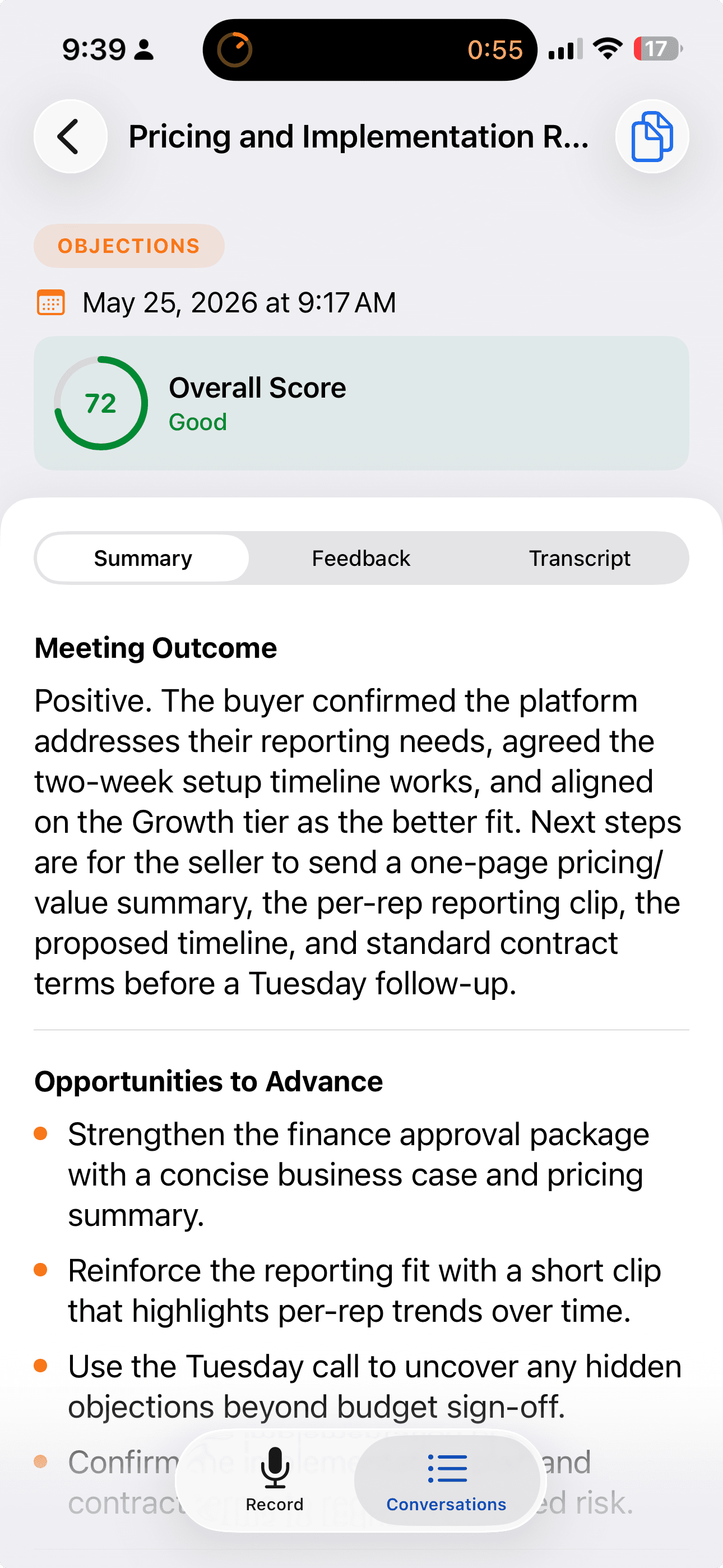 Meeting summary and score screen in the Salesably Recorder app