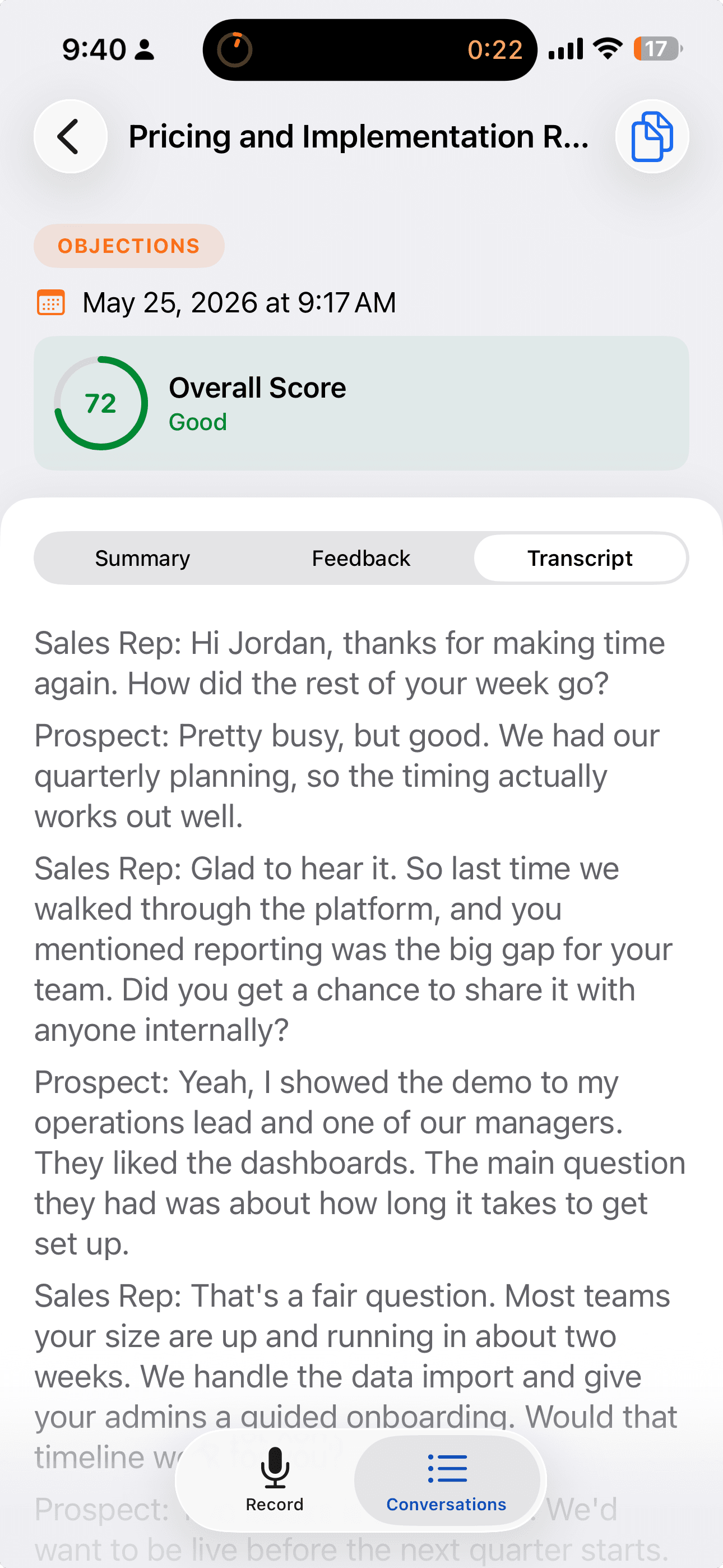 Speaker-labeled transcript in the Salesably Recorder app