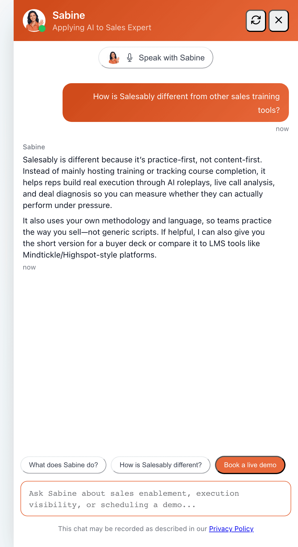 The AI Sales Assistant answering a competitive question from the company playbook