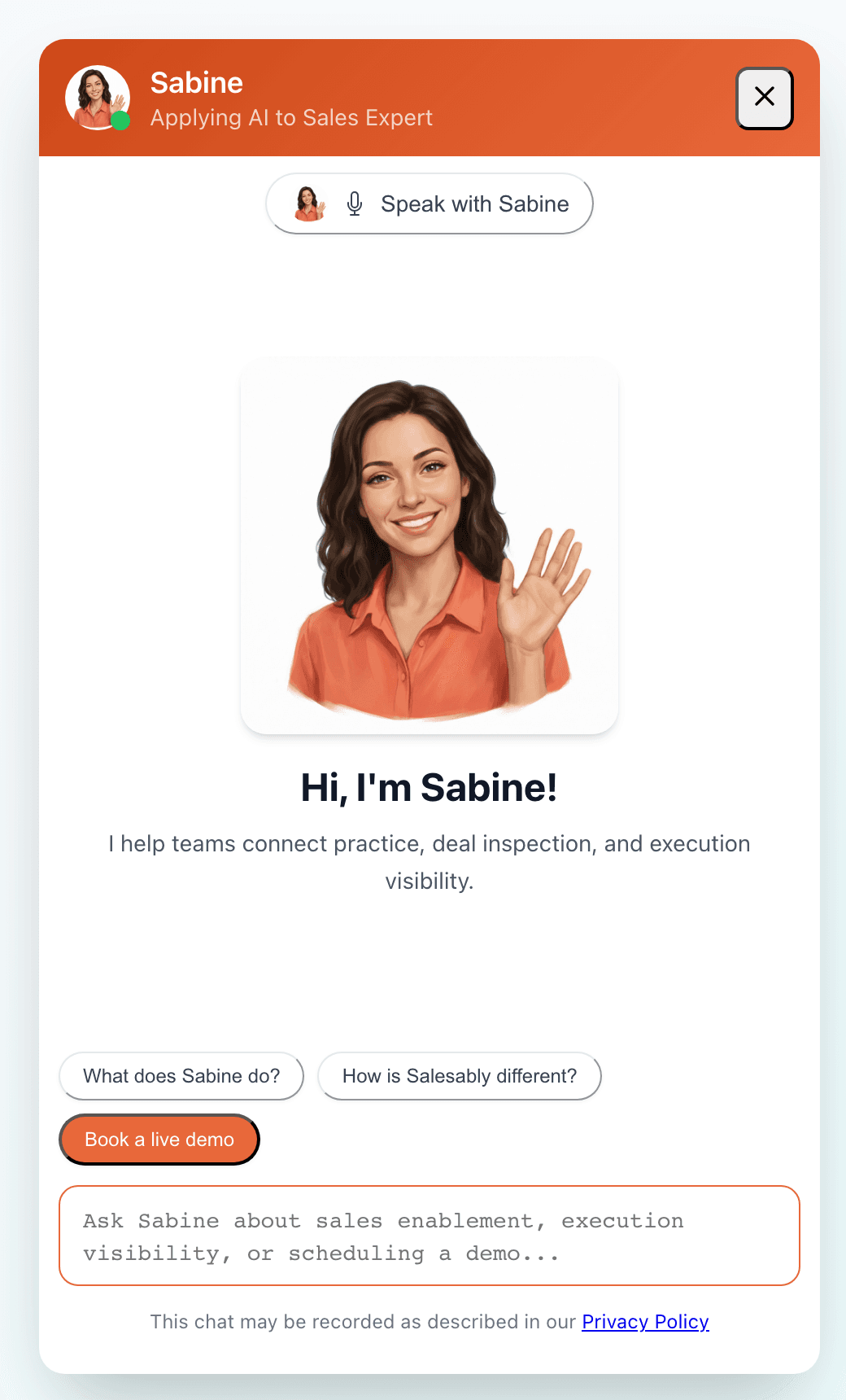 The AI Sales Assistant welcome screen with a branded persona, voice mode, and quick actions
