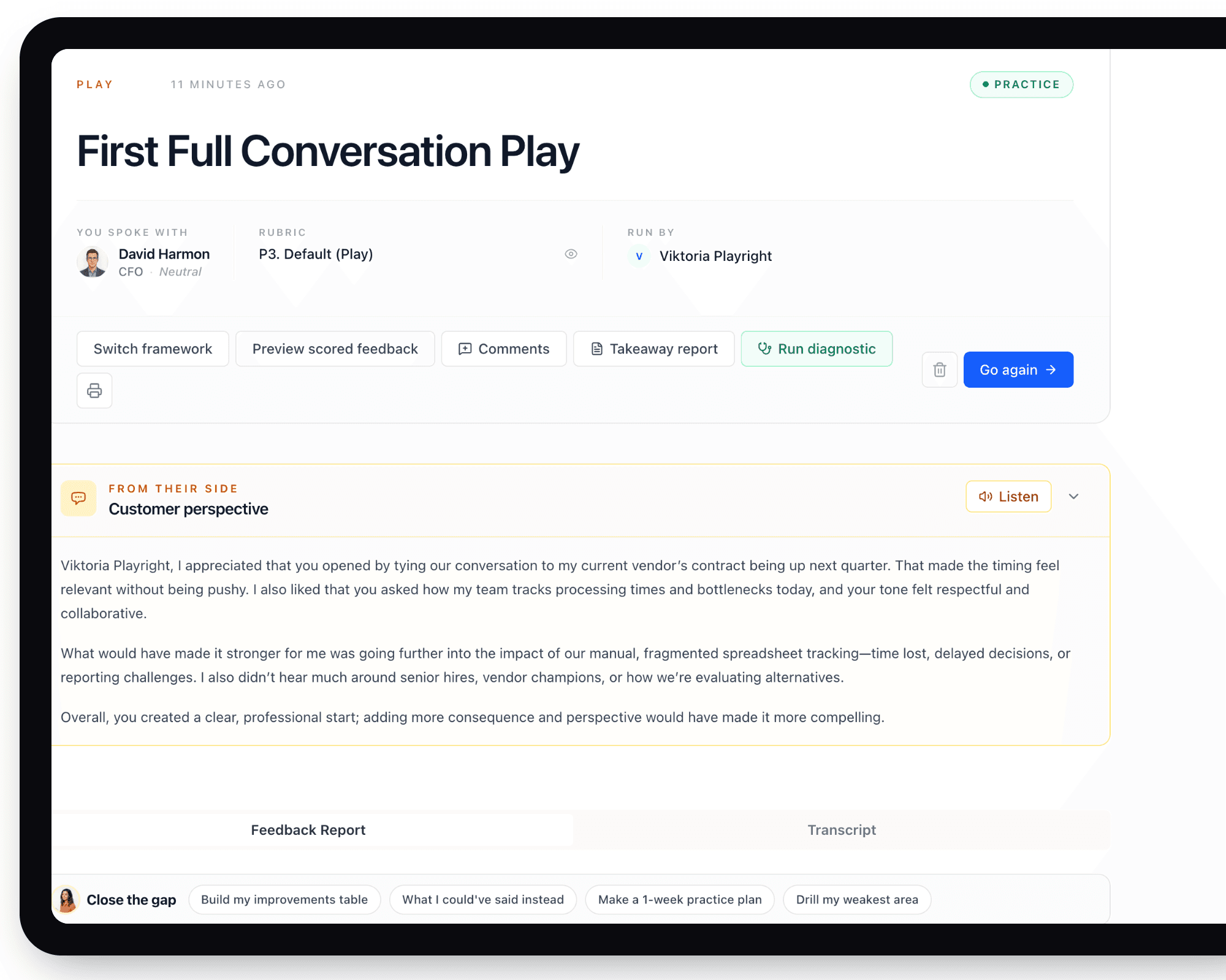 Salesably practice results with scoring and coaching feedback