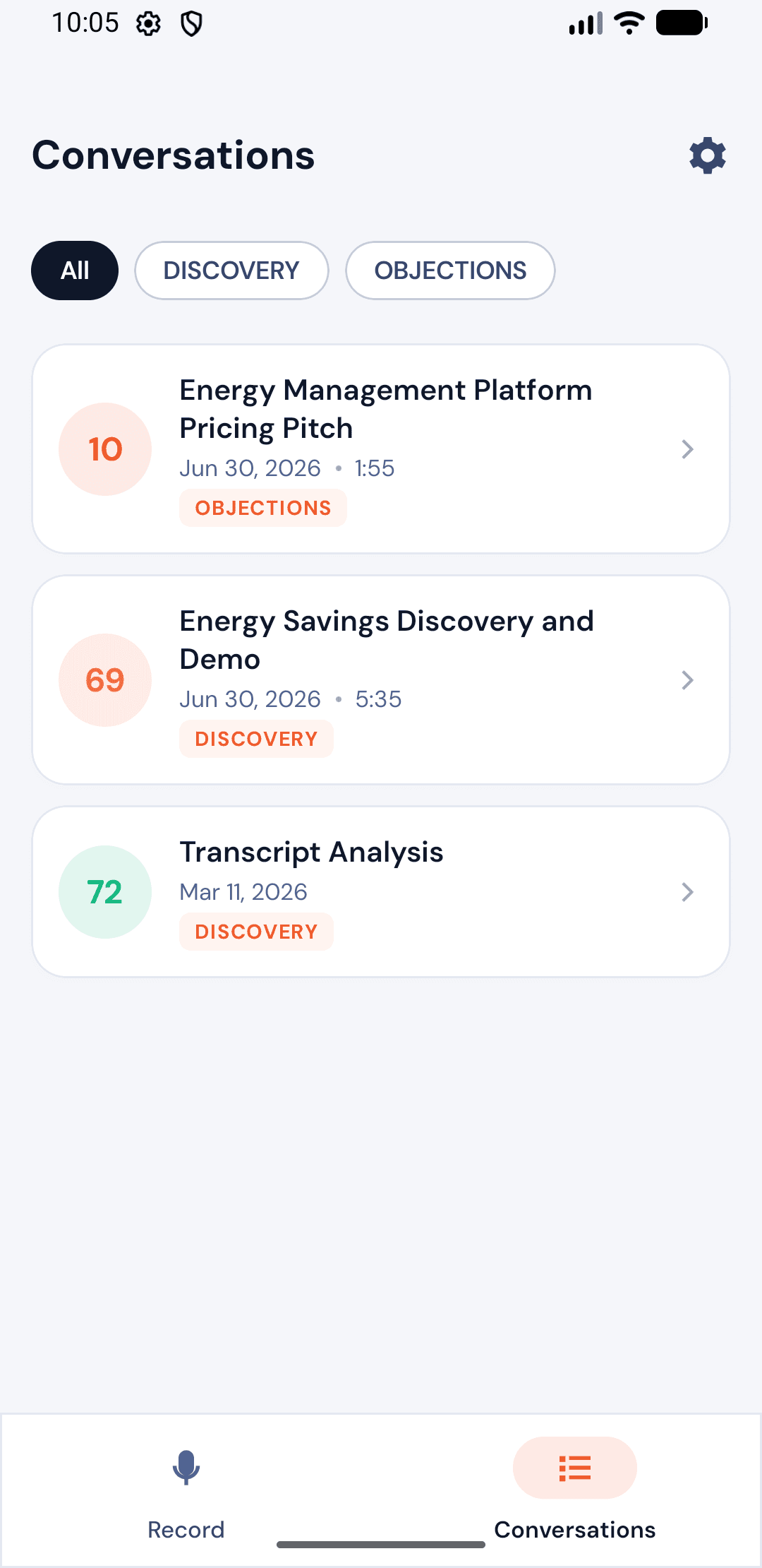 Conversations list in the Salesably Recorder Android app