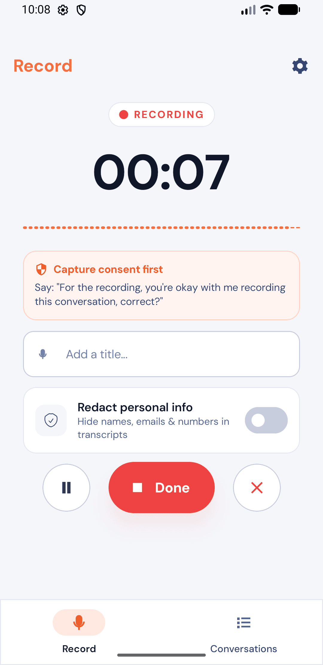 Recording screen in the Salesably Recorder Android app