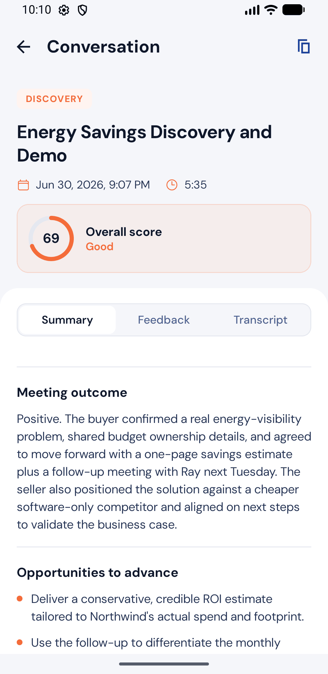 Meeting summary and score in the Salesably Recorder Android app