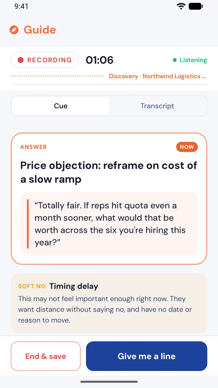 Guide during a live call: an Answer cue with the exact line to say, and a Soft no card flagging a timing delay